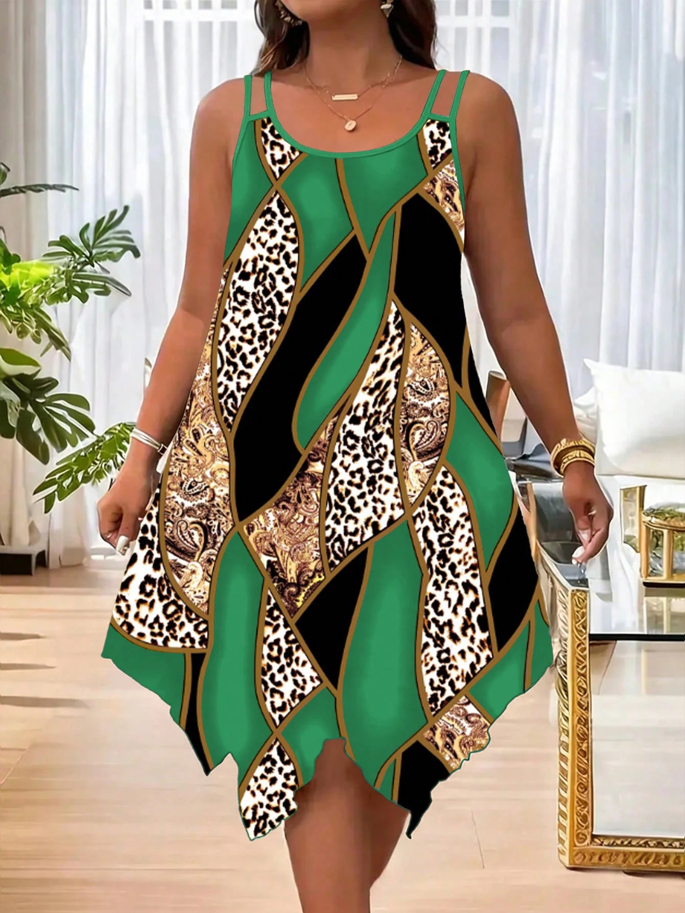 Plus-size women's fashion asymmetrical geometric stripes printed double strap dress
