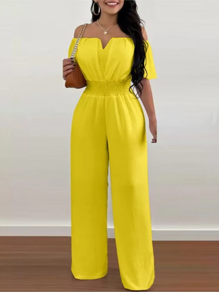 Sexy Solid Off Shoulder Jumpsuit Elegant V Neck Slim Fit Elastic Waist Jumpsuits 2024 New Office Lady Fashion Women Clothing