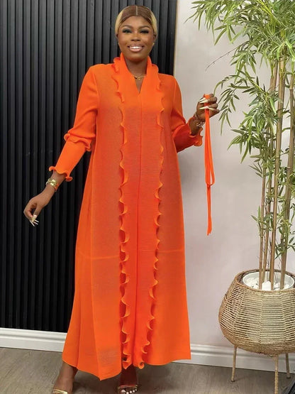 EGRM Miyake Pleated Maxi Long Dress Solid Ruffles Full Sleeve with Belt Formal Dresses for Women  Summer New Hot Sales 8R295