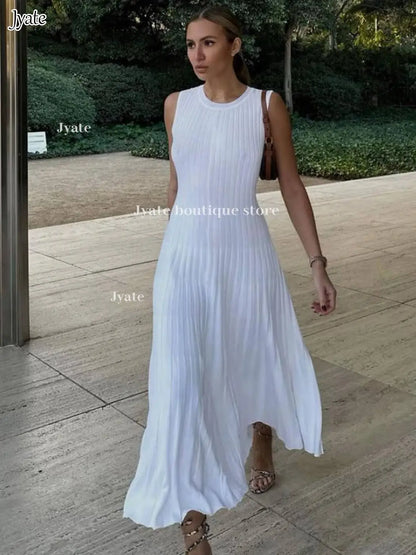 Sleeveless Pleat Knit Dress Round Neck A-line Pit Strip Slim Long Dress Sundress Solid Color Casual Women Summer Dresses
