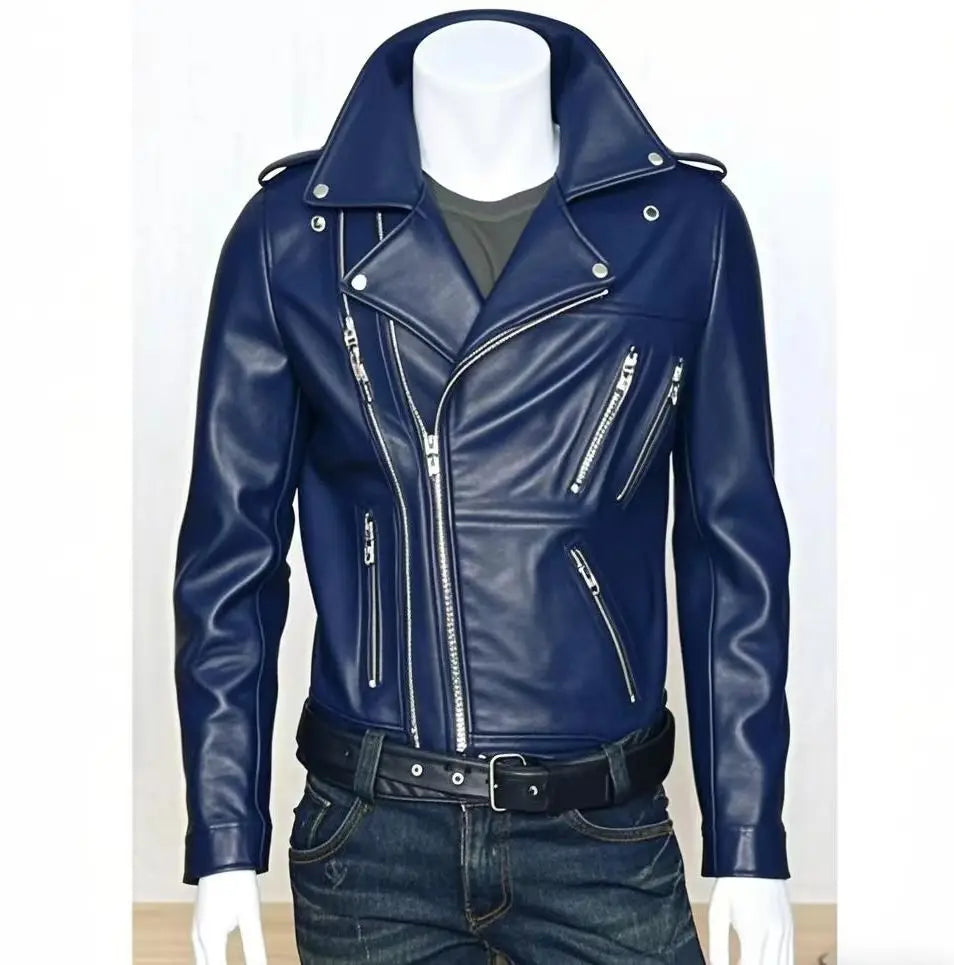 Winter and Autumn Men's Oversized Button-down PU Leather Coat with Multiple Zippers Polo Jacket, with Many Zippers