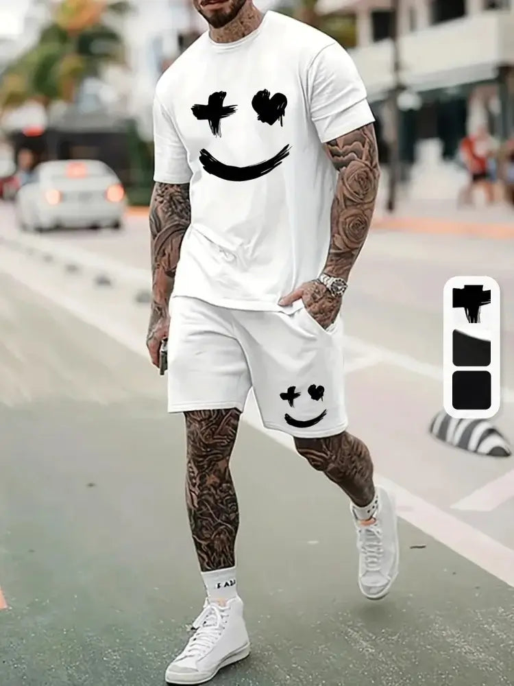 Herren Sommer Kurzarm-Set Hip-Hop Cartoon Bären-Print Kurzarm-Oberteil Shorts Lässiger Zweiteiler Outdoor Urban Street Fashion