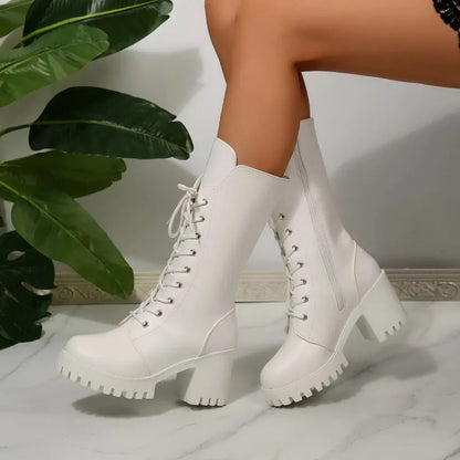 Hot Selling White Women's Boots New High Heels Lace-up Mid-calf Boots Fashion Platform Shoes Round Head Women's Botas for Autumn