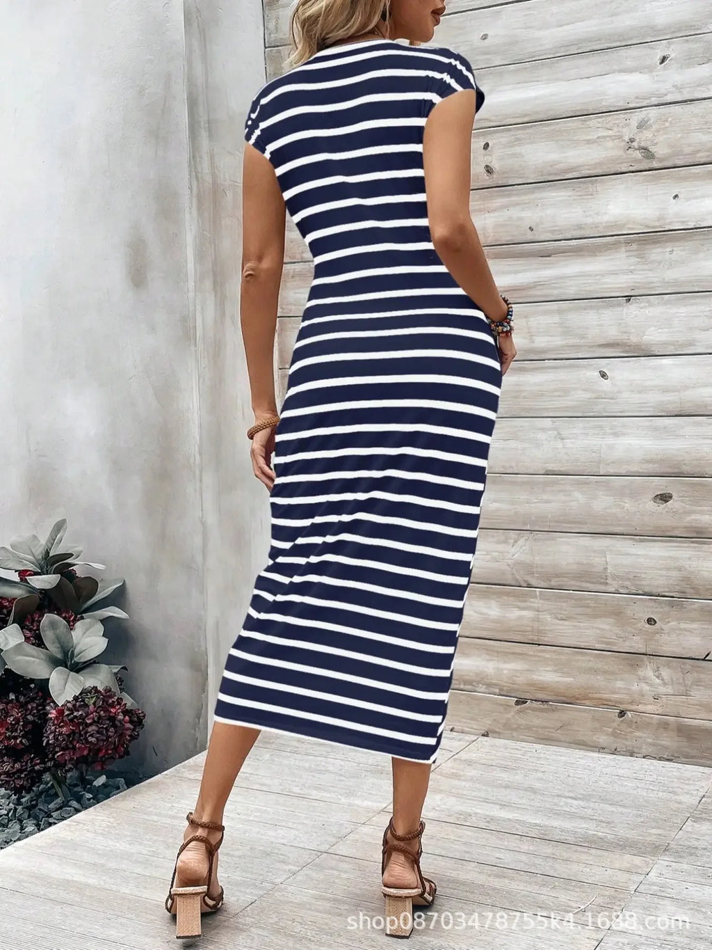 Elegant And Elegant Waist Lace Up Striped Round Neck Short Sleeve Long Dress Summer Party Bodycon Women's Dresses