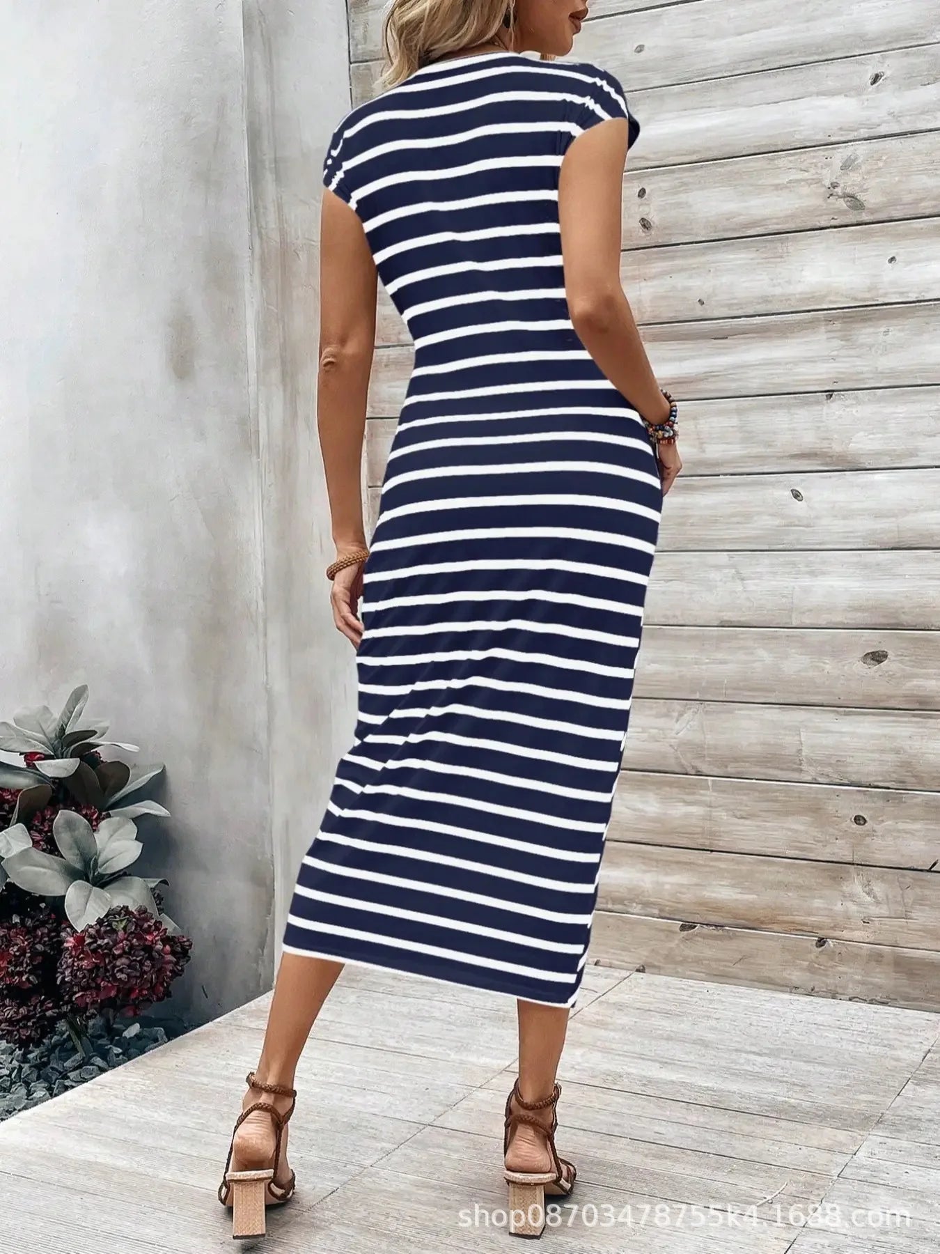Elegant And Elegant Waist Lace Up Striped Round Neck Short Sleeve Long Dress Summer Party Bodycon Women's Dresses