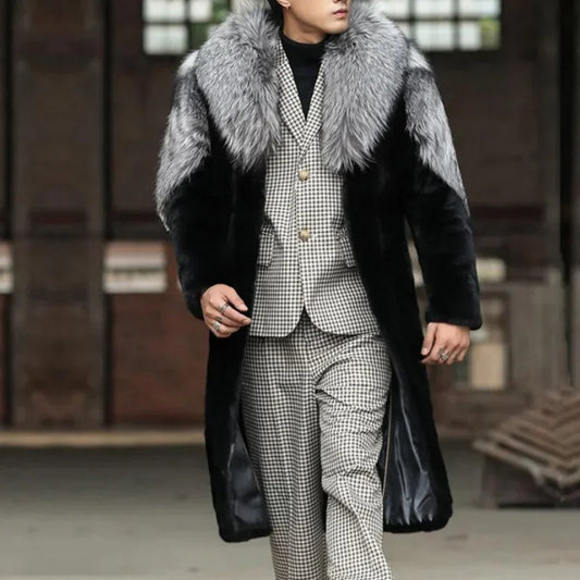 Maxi Men Winter Thick Hooded Faux Fox Fur Coat Jacket Long Sleeve Warm Luxury Fur Black Parkas Bontjas Furry Shaggy Outerwear