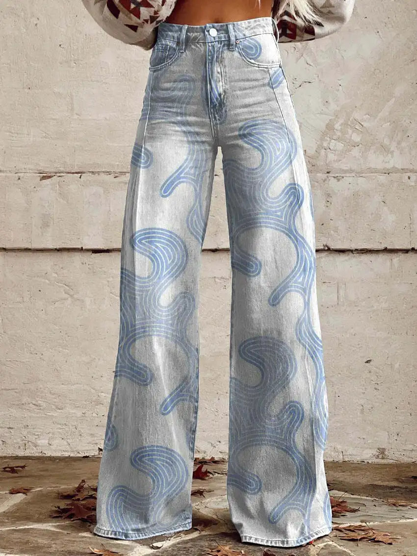 Plus Size 3D Fashionable Women's Pants Y2k Street Women's Clothing Women's Casual Pants Printed iMitation Jeans Wide Legs