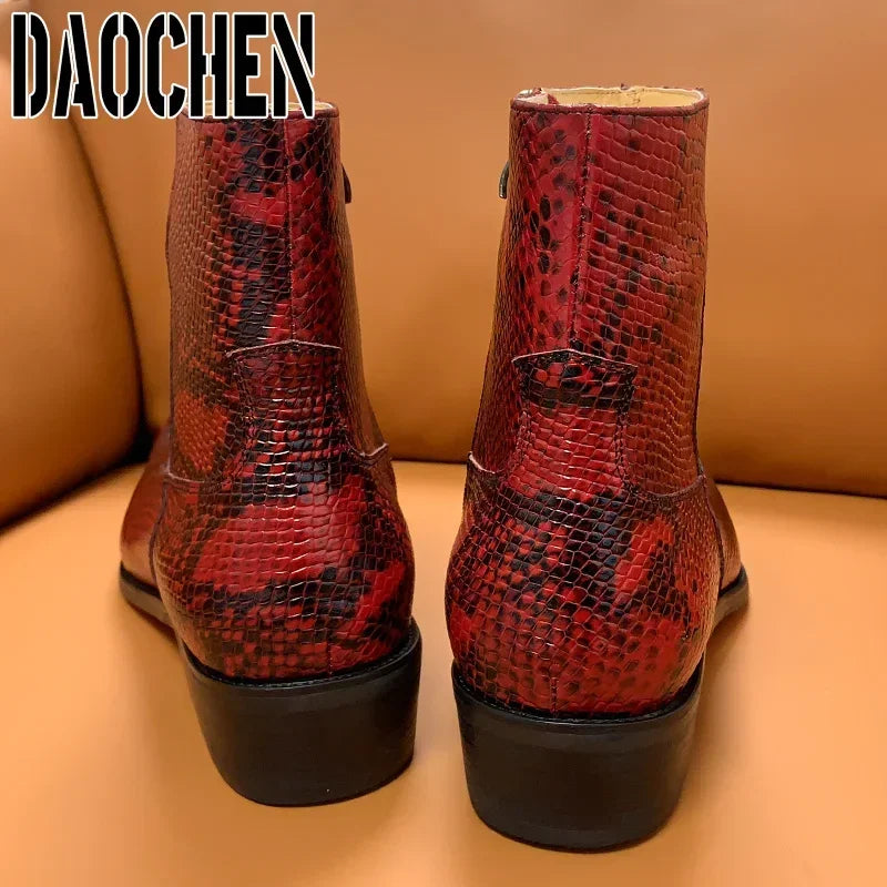 Luxury Brand Men's Boots High Zipper Mid-Calf Boots Slip On Python Casual Shoes Red White Basic Boots Leather Shoes Men