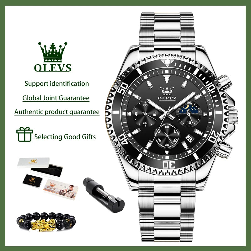 OLEVS 2870 Men's Watches Moon Phase Steel Calendar Chronograph Original Quartz Watch Big Rota Dial Luxury Sports Wristwatches