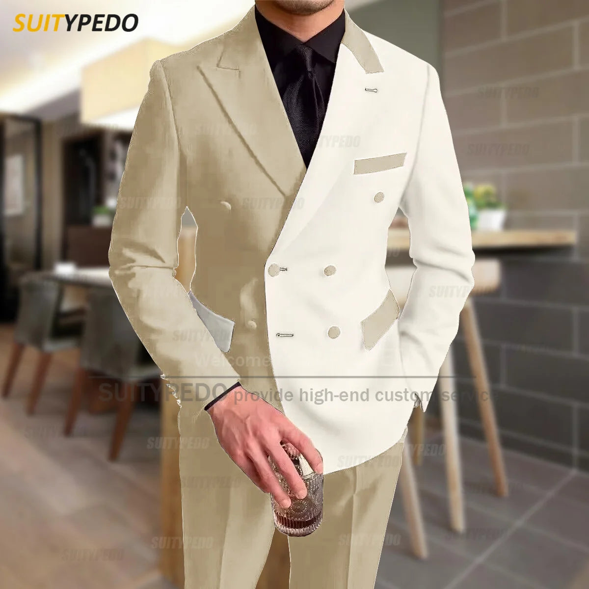 Fashion Black Ivory Splicing Men Suit Casual Party Classic Double Breasted Jacket Evening Dinner Elegant Blazer Pants Outfits