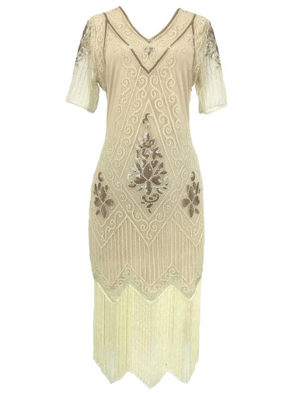 Embellished Beaded Sequin Dress Robe Vestidos Women 1920s Flapper Dress Vintage V Neck Butterfly Sleeve Long Great Gatsby Dress