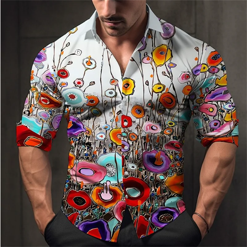 men's T-shirt suit button shirt half splicing trend new geometric flower clear pattern soft and comfortable shirt clothing
