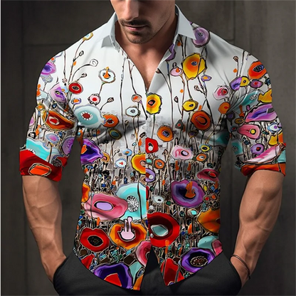 men's T-shirt suit button shirt half splicing trend new geometric flower clear pattern soft and comfortable shirt clothing