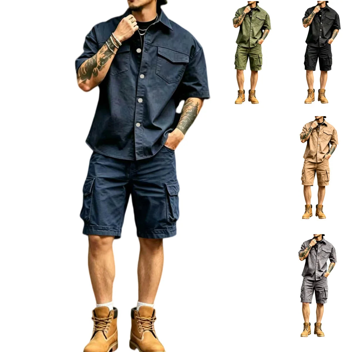 2026 Male Vintage Mens Multi Pocket Outfits Stylish Men Patchwork Shirt Shorts Sets Outdoor Casual Short Sleeve Two Piece Suits
