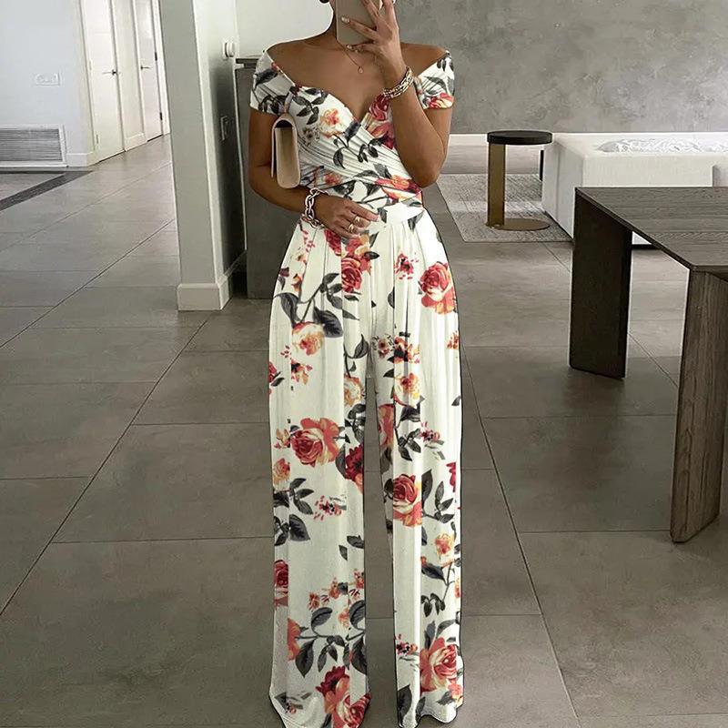 Sexy Outfit Off Shoulder Print Wide Leg Jumpsuit Women 2023 Summer Casual Boho Casual High Waist Jumpsuits Clothes Overalls