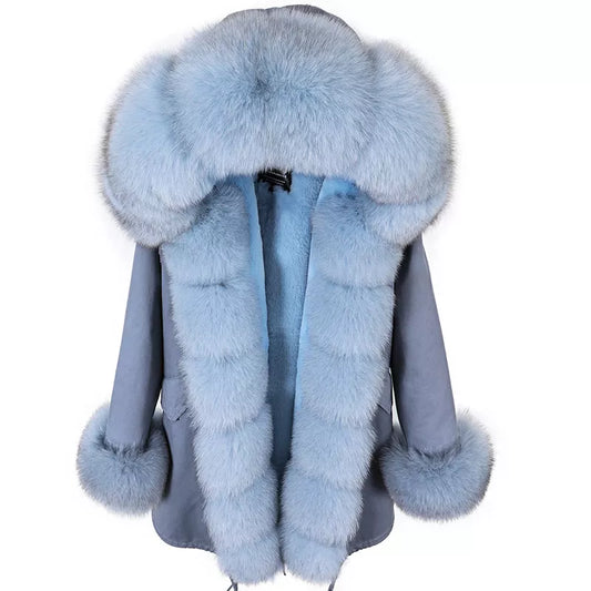 MAOMAOKONG 2023 Winter Women Coat Natural Fox Fur Collar Cuff Black Jackets Outwear Thick Luxury Real Fur Parka Women's Fur Coat