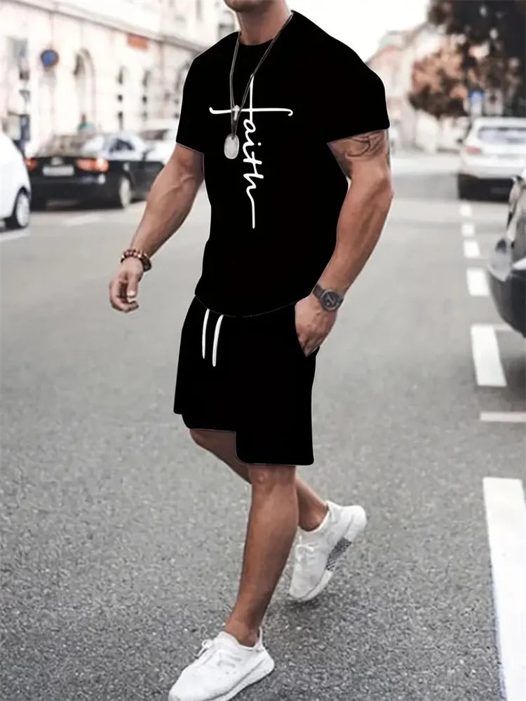 Mens T Shirt Shorts Set Fashion Mens Cross Printed Short Sleeve Two Pieces Oversized Outdoor Beach Sports Men's Plus Size Suit