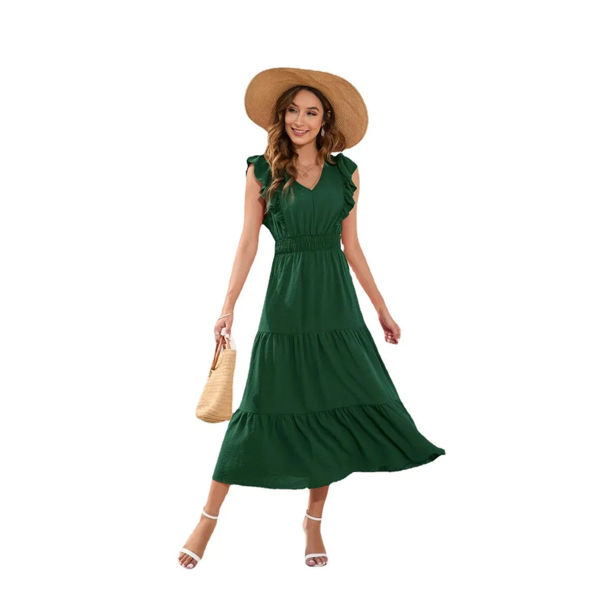 Summer Woman Dress V Neck Sleeveless Red Dresses High Waist A Line Green Maxi Dress Tiered Skirt Boho Black Casual Dress
