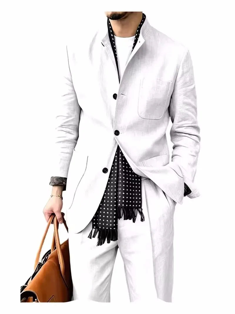 Men's 2 Piece Suit Linen Blend Stand Collar Single Breasted 3 Button Slim Fit Business Casual Vacation Wedding Breathable Outfit