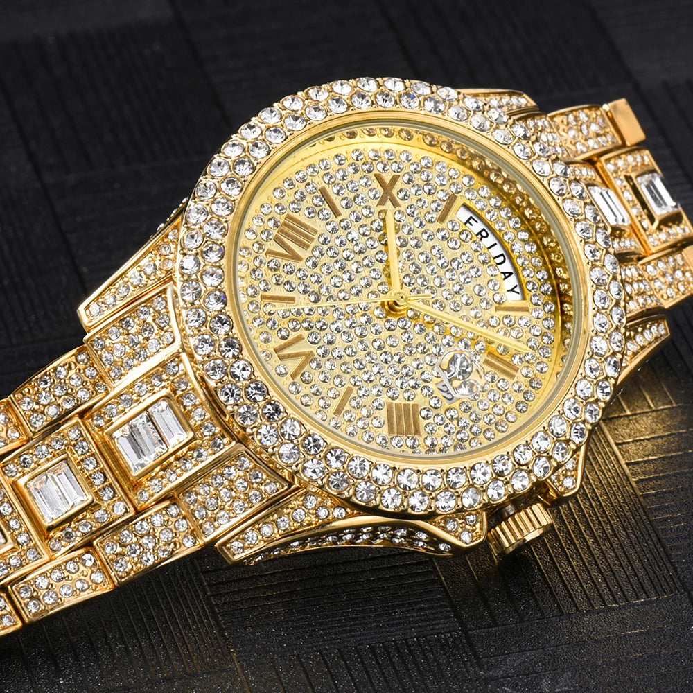 Vollvergoldete Eisuhr für Herren, Luxuriöse goldene Hip-Hop-Diamant-Quarz-Herrenuhren, Wasserdicht, Tagesdatum, Bestsellerprodukt 2023