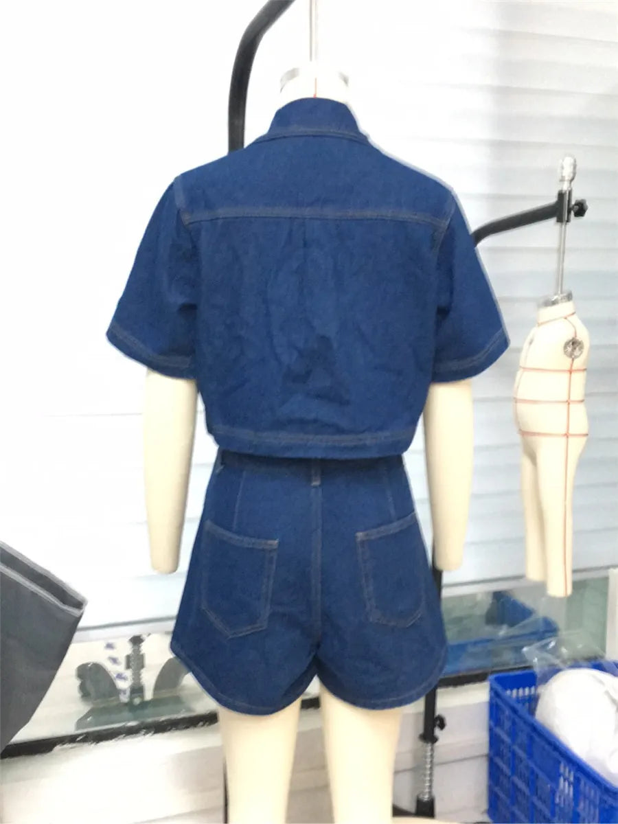 Women’s 2 Piece Denim Outfits Summer Short Sleeve Lapel Jean Pullover Tops and Asymmetrical Shorts Set for Streetwear Grunge Y2K