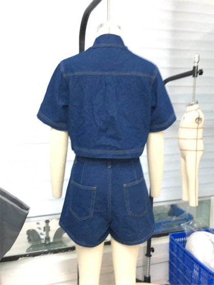 Women’s 2 Piece Denim Outfits Summer Short Sleeve Lapel Jean Pullover Tops and Asymmetrical Shorts Set for Streetwear Grunge Y2K