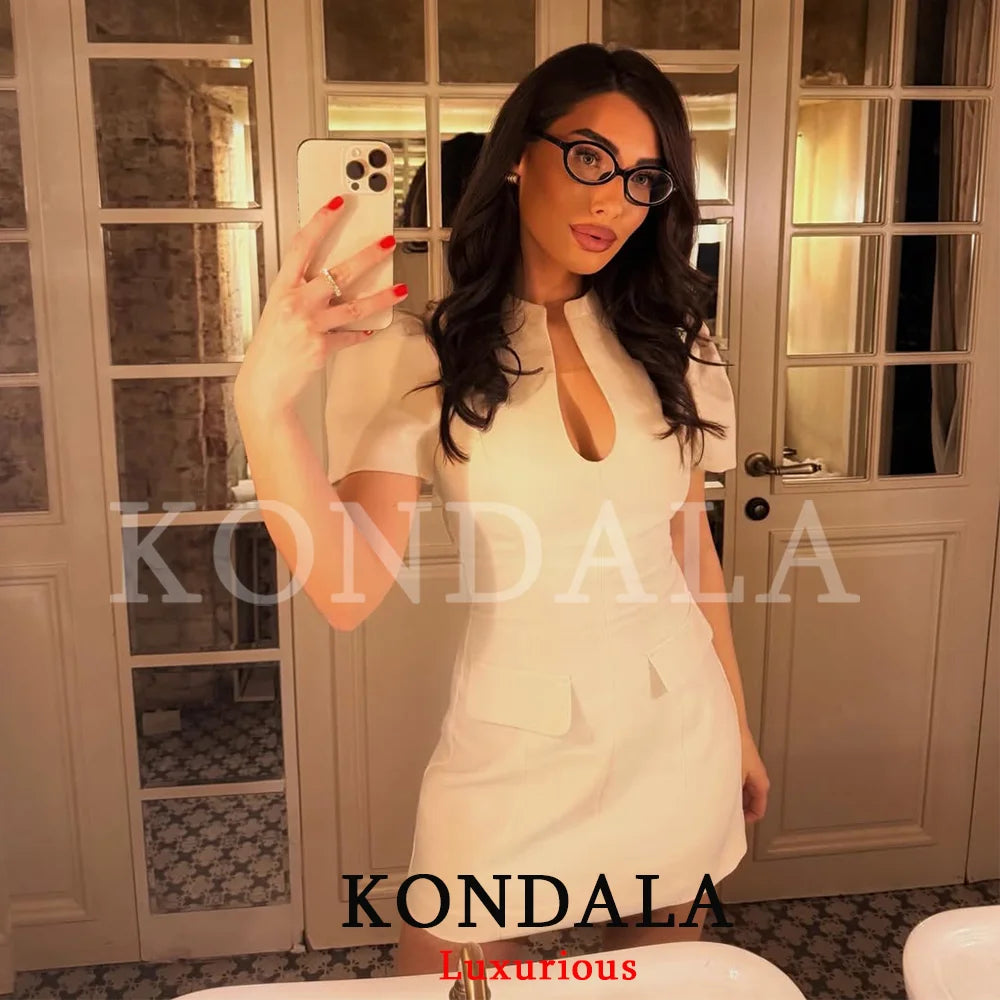 KONDALA Elegant Holiday Chic Women Mini Dress Black O-Neck Zipper Short Puff Sleeve Dress Fashion 2026 Spring Summer Party Dress