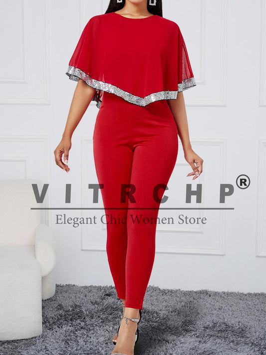 VITRCHP Jumpsuit for Women Autumn Fashion Party Overalls Contrast Sequin Cape Sleeve Tape Patch Elegant Work Bodycon Romper