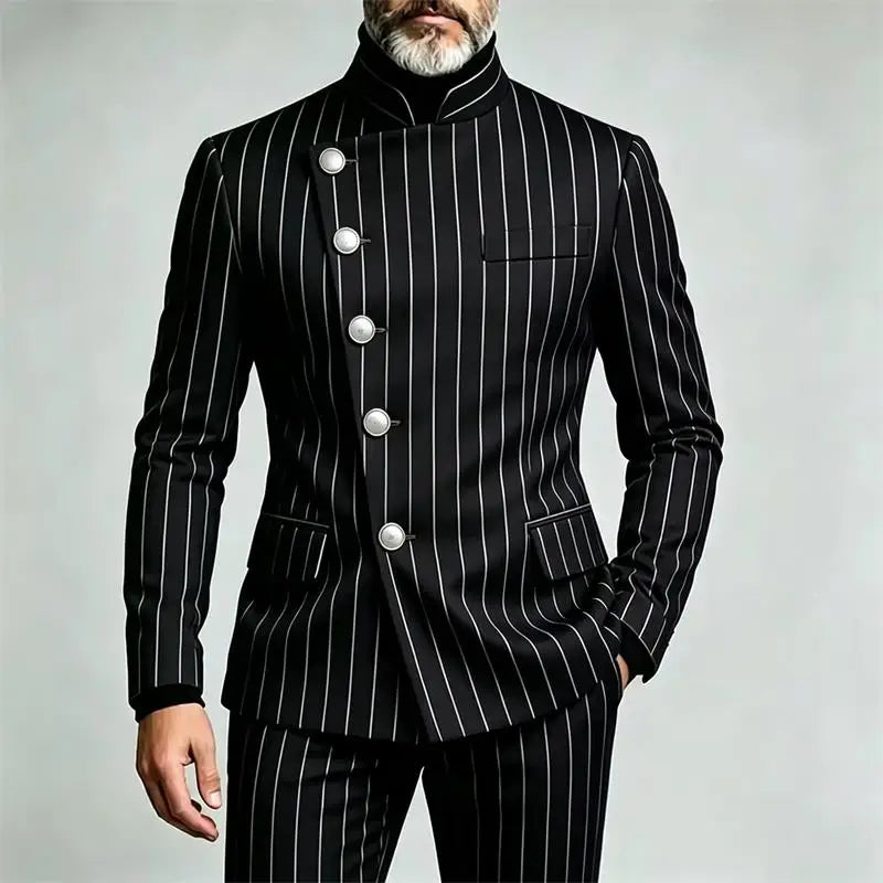 Men's Pinstripe Business Suits Single Breasted Stand Collar Slim Fit Suit Jacket Pants 2 Pieces Formal Tuxedo for Wedding Party