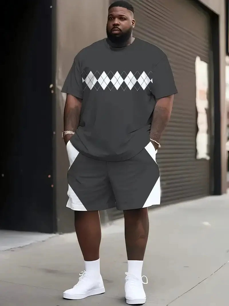 Denim Grafik T-Shirt und Shorts 2-teiliges Set 2025 Übergrößen Herrenbekleidung Lässige Loose Shorts mit Kordelzug in der Taille Kurzarm-Oberteil
