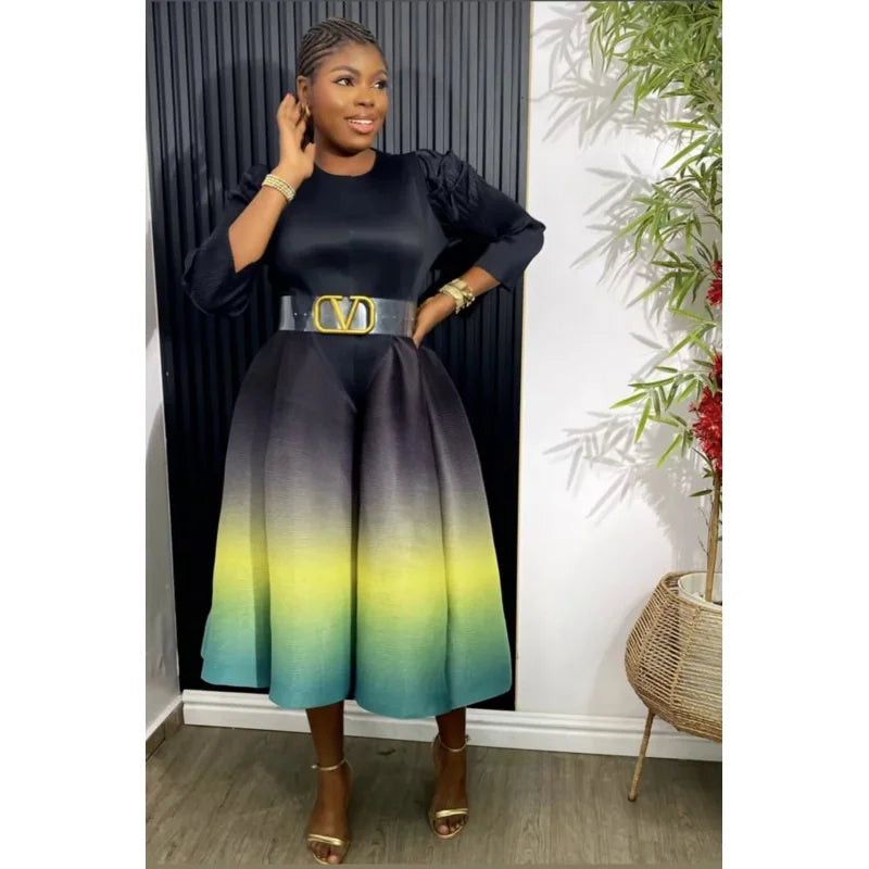 Miyake Pleated Gradual Maxi Dress O-Neck Full Sleeve Loose High Strecth Lantern Dresses for Women 2024 Summer New