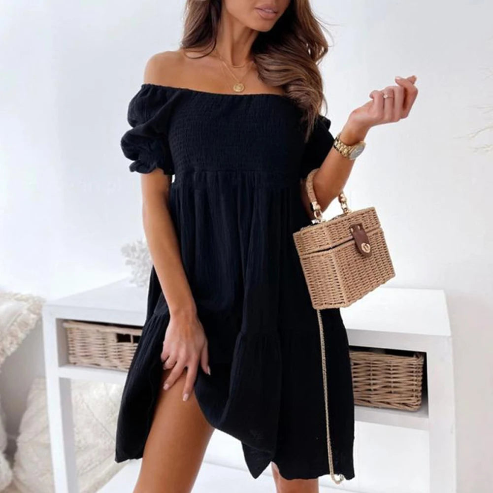 Women Sexy Dress Summer Ladies Beach Swing Off Shoulder Sundress Soild Casual Loose Pleated A-line Sun Dress