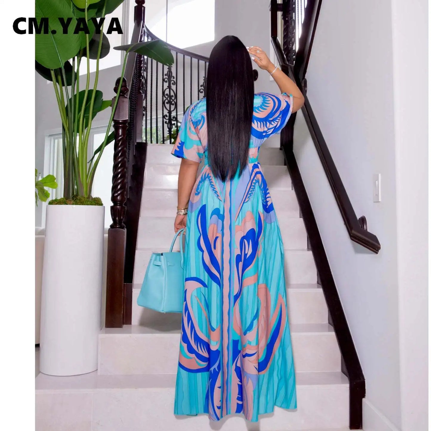 CM.YAYA Elegant Women Paisley Half Sleeve V-neck High Waist Tunic Big Swing Maxi Dress 2022 Summer Chic Sexy Party Long Dresses