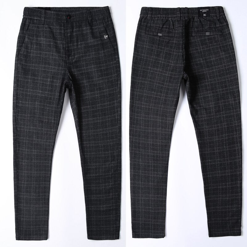 Noi pantaloni casual pentru bărbați în carouri, ocazional de afaceri, slim fit, gri închis, pantaloni elastici în stil clasic, haine de marcă masculină, modă de stradă