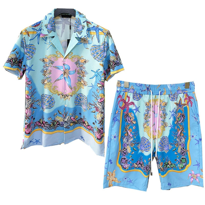 New Summer Hawaiian Men&#39;s Vacation Suit Luxury Flower Shirt Set 2 Pieces Fashion Brand Button Short Sleeve Clothes Casual Outfit