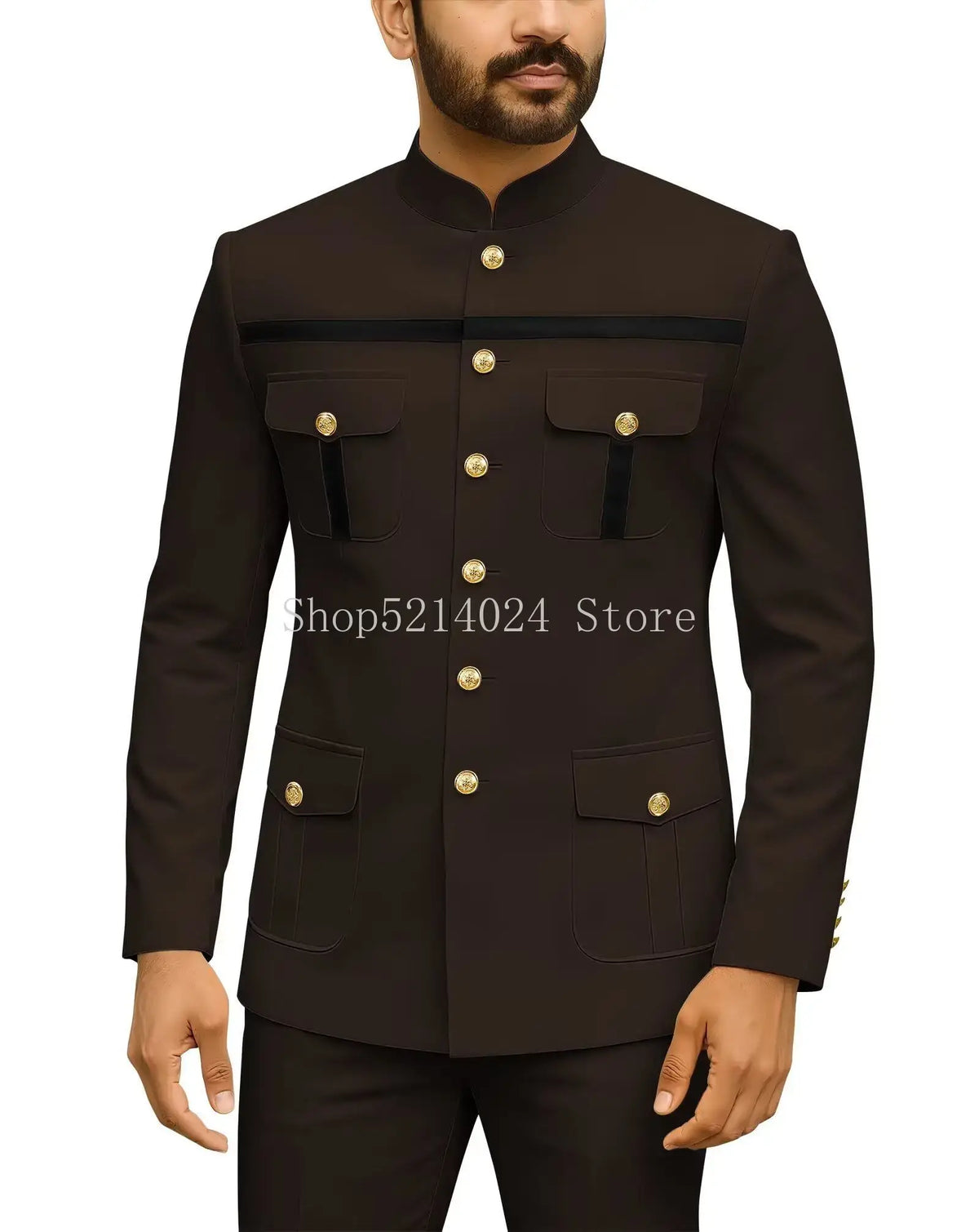 Herren Safari-Anzug 2-teilig Regular Fit Chinakragen Goldknopf Blazer Hose Set Afrikanische Outfits