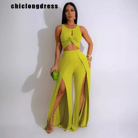 Summer Fashion Street Two Piece Set Women Sexy Solid Sleeveless Top Split Wide Leg Pants Two Piece Set Women