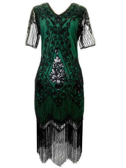 Embellished Beaded Sequin Dress Robe Vestidos Women 1920s Flapper Dress Vintage V Neck Butterfly Sleeve Long Great Gatsby Dress