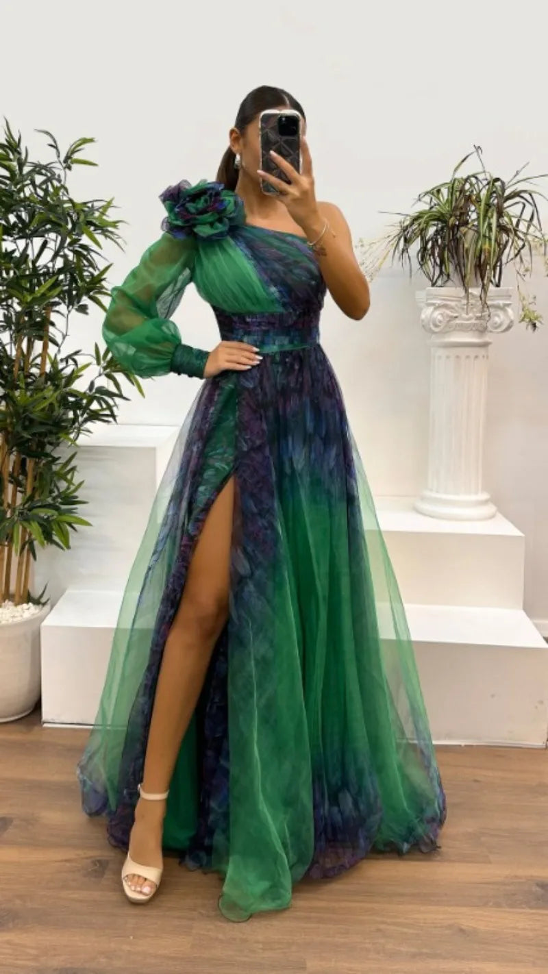 2025 Women Evening Dress Off Shoulder Pleated Long Lantern Sleeve Split Hem Maxi Dress Rhinestone Decor High Waist Party Dresses