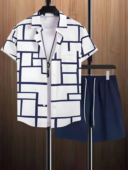 Comfortable Coconut trees leaves color blocking 3D Print shirt +Shorts Two Piece Set Short Sleeve Flip collar shirts half pants