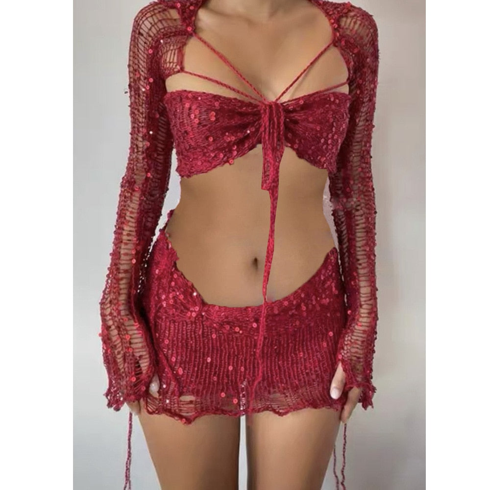 Rochie tricotată croșetată Seturi de fuste din două piese 2023 haine de vară pentru femei Crop topuri sexy rochie elegantă din paiete din tricot set 2 piese ținută