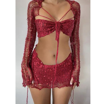 Crochet Knitted Dress Two Piece Skirt Sets  Summer Women Clothes Sexy Crop Tops Elegant Knit Sequin Dress 2 Piece Set Outfit