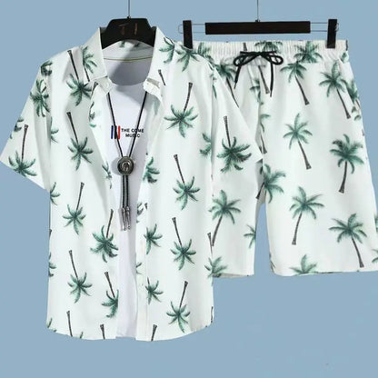 Comfortable flower grass leaf coconut tree 3D Print shirt +Shorts Two Piece Set Short Sleeve Flip collar shirts half pants