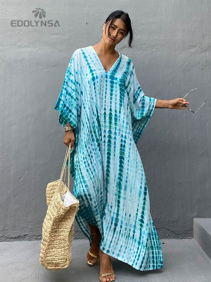 Bohemian Printed V-neck Batwing Sleeve Side Split Loose Dress For Women Clothes Plus Size Beachwear Maxi Dresses Q1218
