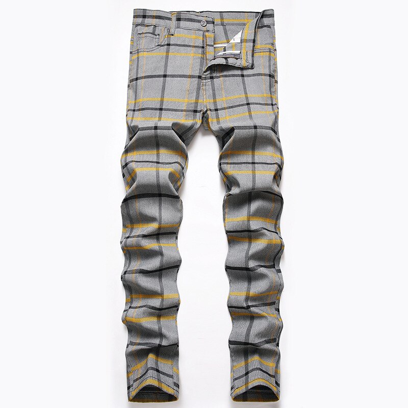 Original Design Men&#39;s Elastic Jeans British Style Personality Digital Printing Colour Plaid Middle Waist Leisure Slim Pants