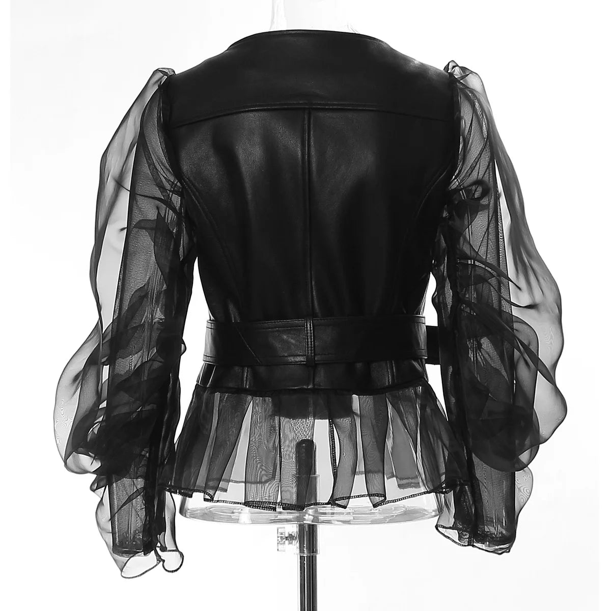 Fashionable and domineering women'sperspective patchwork mesh leather jacket motorcycle rock zipper jacket premium Women's tops