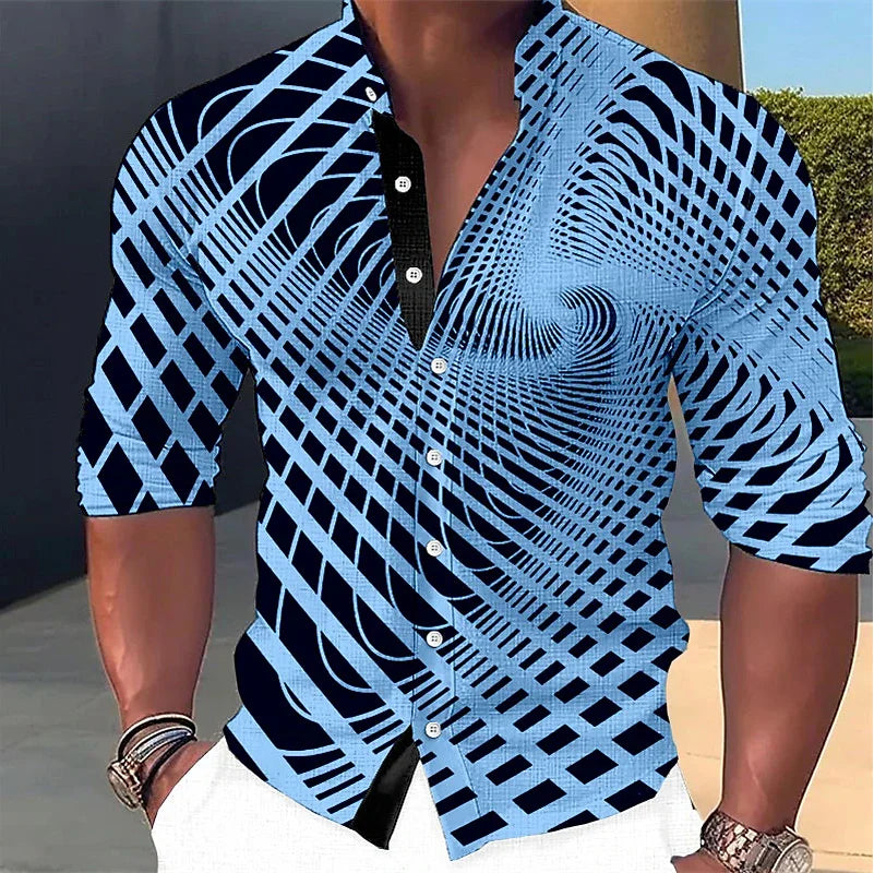 Men's Shirt Optical Illusion Graphic Stand Collar Long Sleeve Print Clothes Clothing Fashion Street Designer Casual Tops