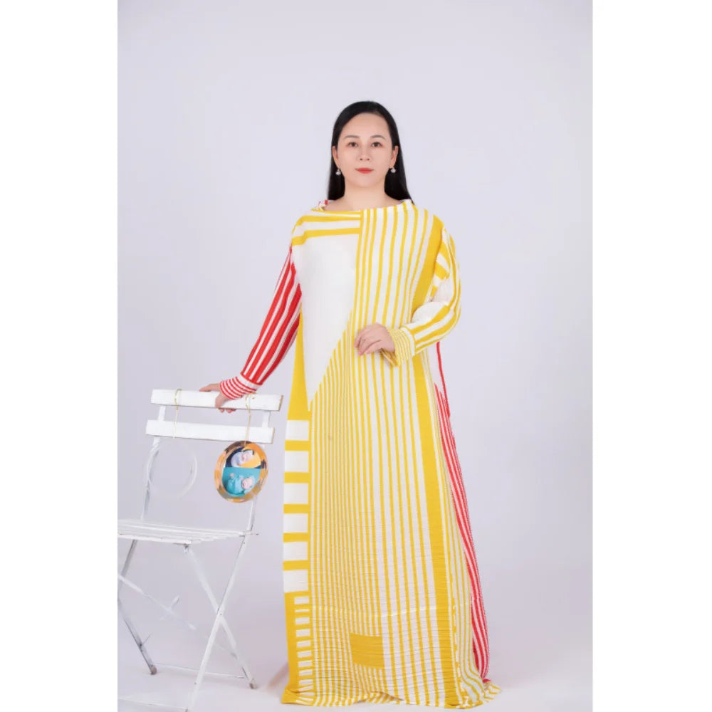 ANLAN Miyake Pleated Stripe Dress Fashion Relaxed Party Temperament Maxi Long Dresses 2024 Summer New Elegant Women's Clothing