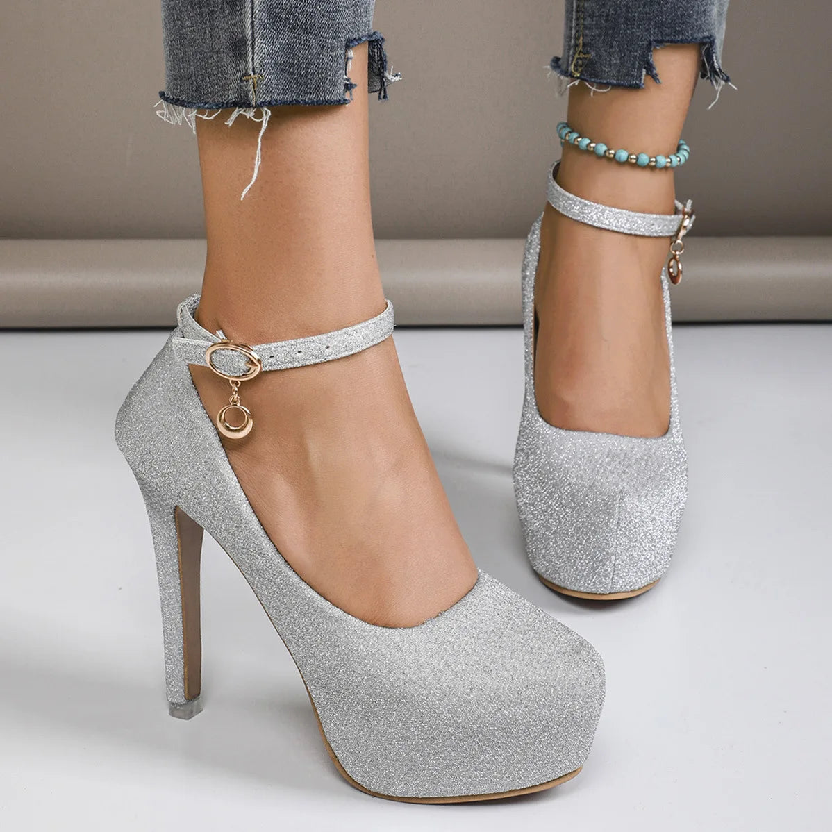 Women's High Heels  New Style Semi-Uppered Thin Heel Waterproof Platform Buckle Fashion Shoes Large Size Strap Shoes