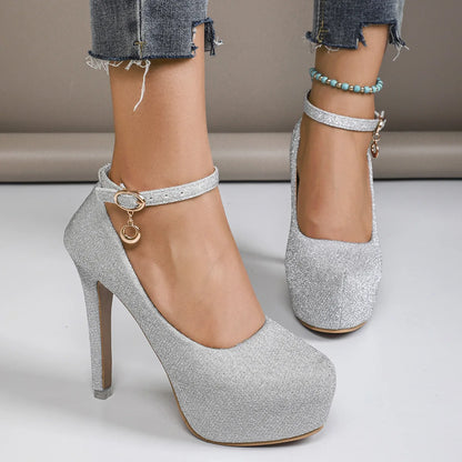 Women's High Heels  New Style Semi-Uppered Thin Heel Waterproof Platform Buckle Fashion Shoes Large Size Strap Shoes